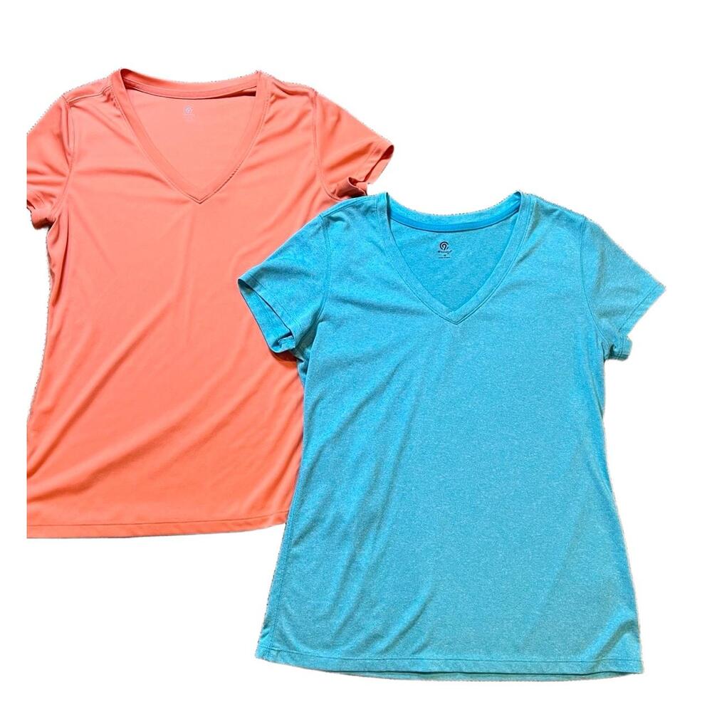 Champion Short Sleeve Set Womens Medium Orange Blue V Neck Athletic Workout